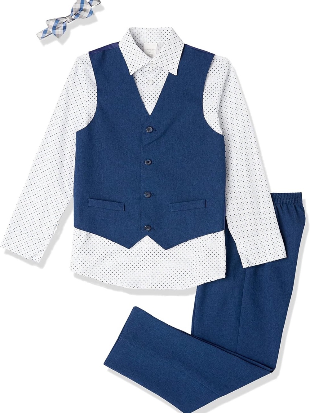 Van Heusen Navy Vest Set w/White Polka Dot Shirt & Blue Plaid Bow Tie size 24mo